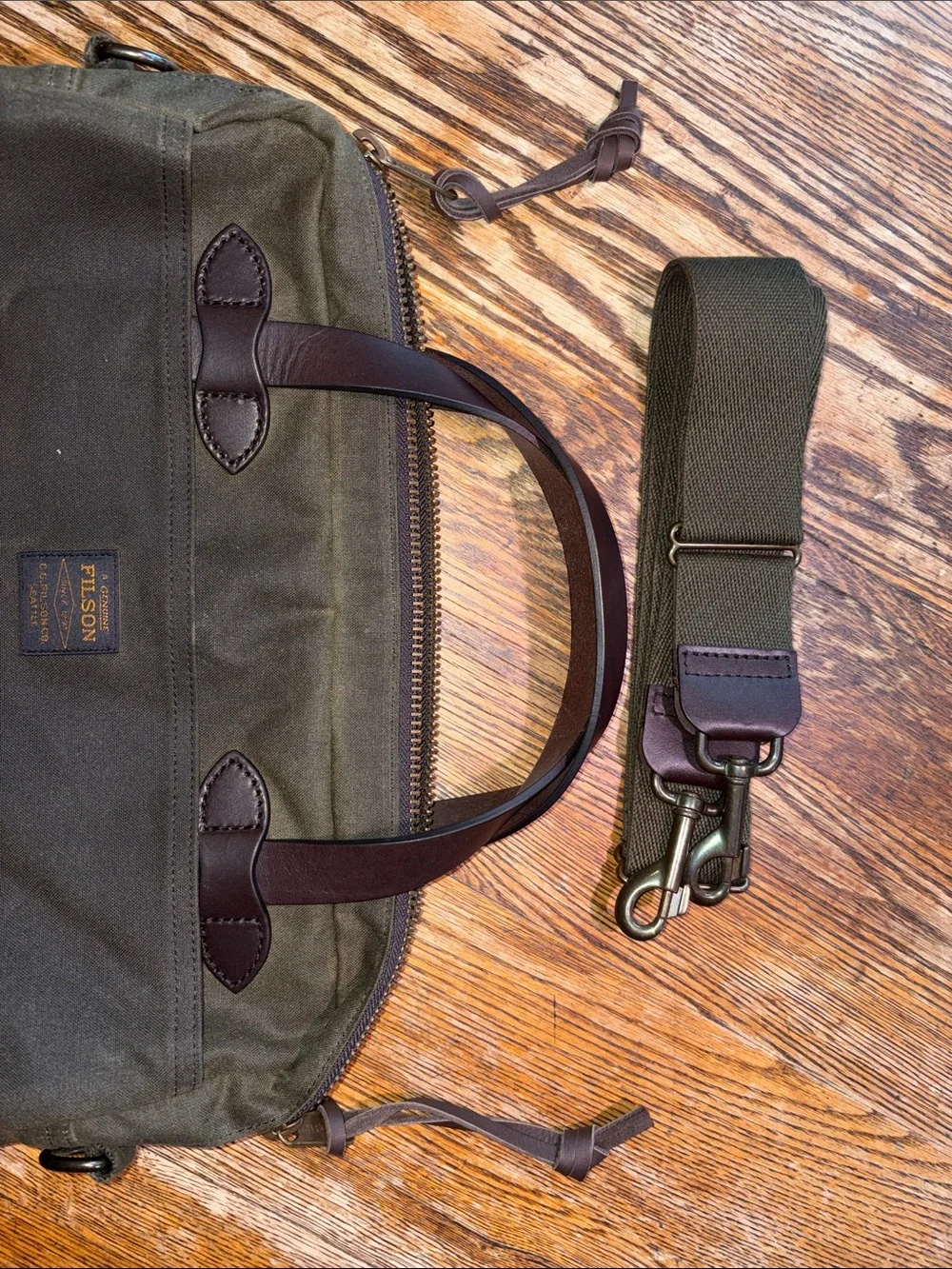 Like new Filson Tincloth Compact Briefcase with Dark Brown Leather